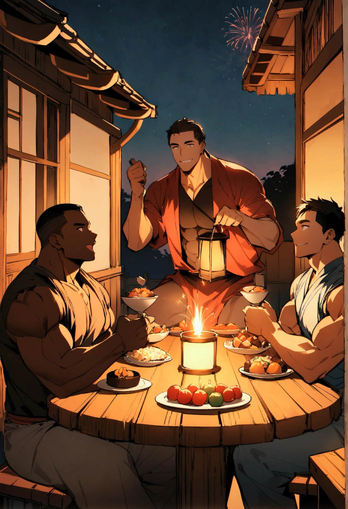 Highest quality、Four muscular men with short hair are sitting around a table laden with food on the porch of an inn、firework、Brown Skin、A fun atmosphere