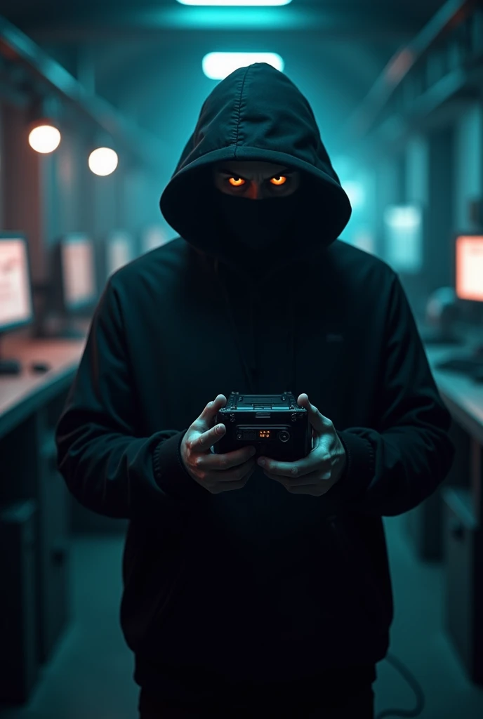 
hacker with a black piece of paper in dark clothes