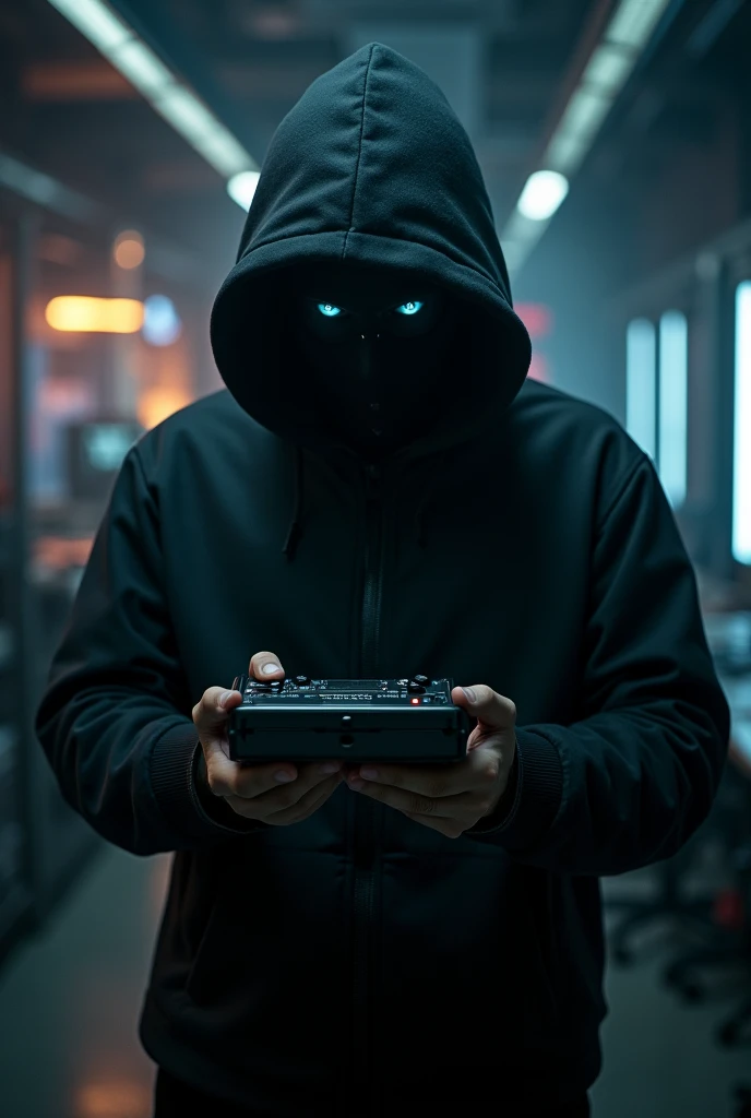 hacker with a black piece of paper in dark clothes