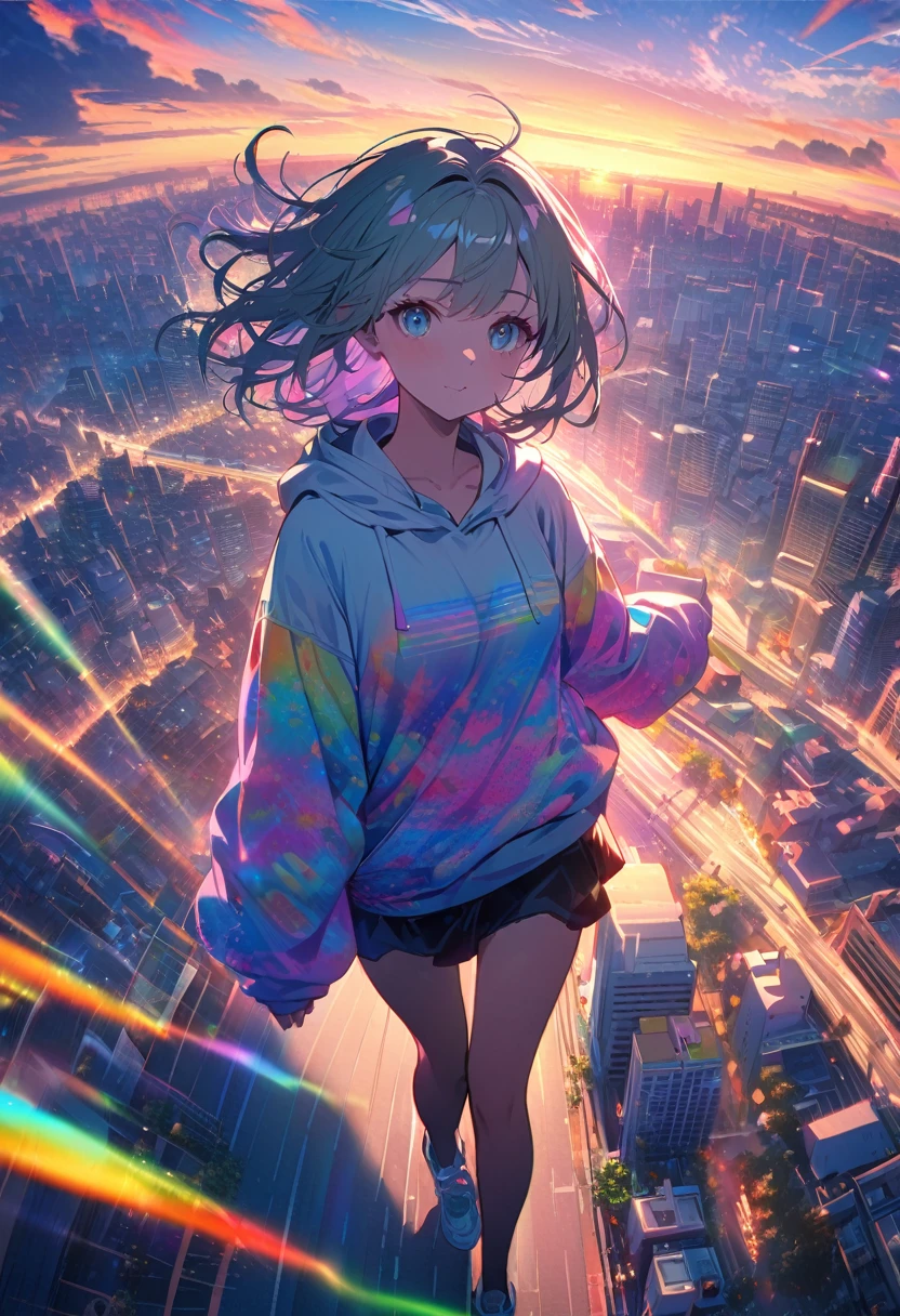 angelic, detailed woman who is walking, woman wearing hoodie, highest billding in city, road, sunrise, horizon, skyline, in the sky, city of clouds, colorful, high-res, 8K