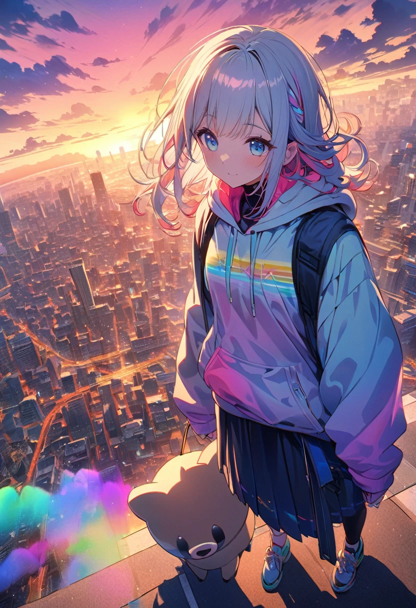 angelic, detailed woman who is walking, woman wearing hoodie, highest billding in city, road, sunrise, horizon, skyline, in the sky, city of clouds, colorful, high-res, 8K