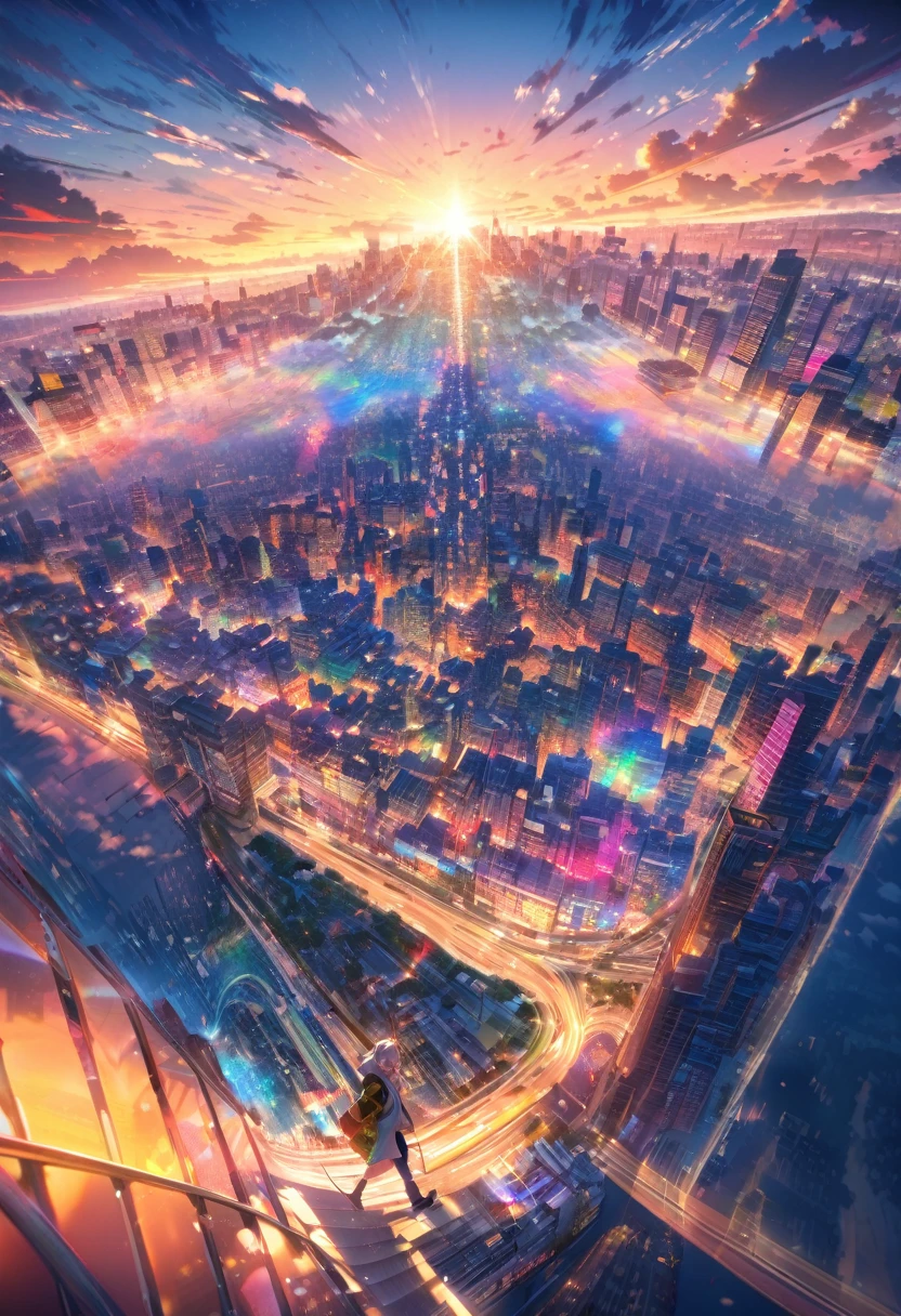 angelic, detailed woman who is walking, woman wearing hoodie, highest billding in city, road, sunrise, horizon, skyline, in the sky, city of clouds, colorful, high-res, 8K