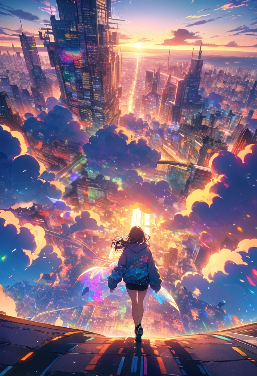 angelic, detailed woman who is walking, woman wearing hoodie, highest billding in city, road, sunrise, horizon, skyline, in the sky, city of clouds, colorful, high-res, 8K