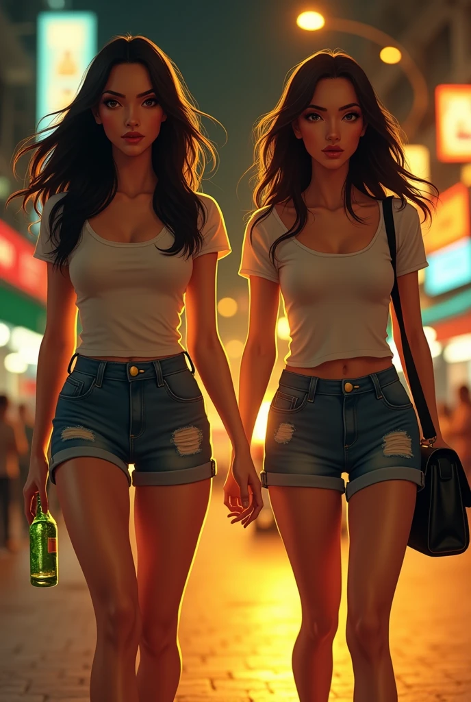 A detailed and vibrant scene of a beautiful 2 Thai woman with a curvy figure and fair skin, walking through the streets of Bangkok at night. She is wearing a small, tight-fitting t-shirt paired with ripped denim shorts, and she carries a black shoulder bag. In one hand, she holds a green-colored beverage bottle. The warm yellow glow of the streetlights creates a captivating atmosphere, with the bustling city of Bangkok in the background. The scene captures the lively energy of the city at night, with the woman's confident stride adding a dynamic element to the composition.