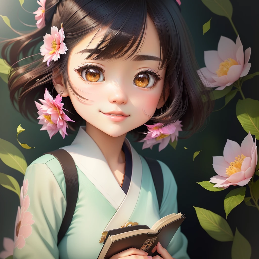 20th Generation, Japanese women, Flowers blooming in the park、Cartoon girl reading a book, Adorable digital painting, Cute realistic portrait, Realistic cute girl drawing, Realistic Anime 3D Style, Gweiz-style artwork, Cute and detailed digital art, Beautiful character drawings, cute portrait, Cute Anime Girl Portrait, Anime realism style, Cute Anime Portrait, Cute digital art