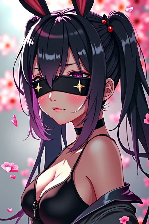 Twin tails, High resolution, masterpiece, accurate, Anatomically correct, Winner of numerous awards, Highest quality, detail, Damaged, Very detailed, Ultra high definition, Textured skin, Hair Ring, Large Breasts, Bunny ears, Blushing, Illustration of movement, Black hair band, Mole at the corner of the mouth, Pattern on the forehead, Blindfold, Sparkle Effect, chromatic aberration, anime, anime風,