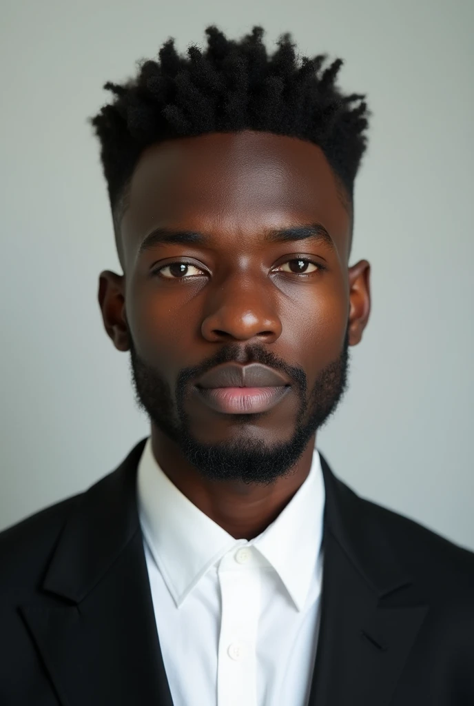 A young man same black color skin dressed in a black blazer over a white shirts light beard , short hair style Asian and color  black and black eye for passport size picture. 