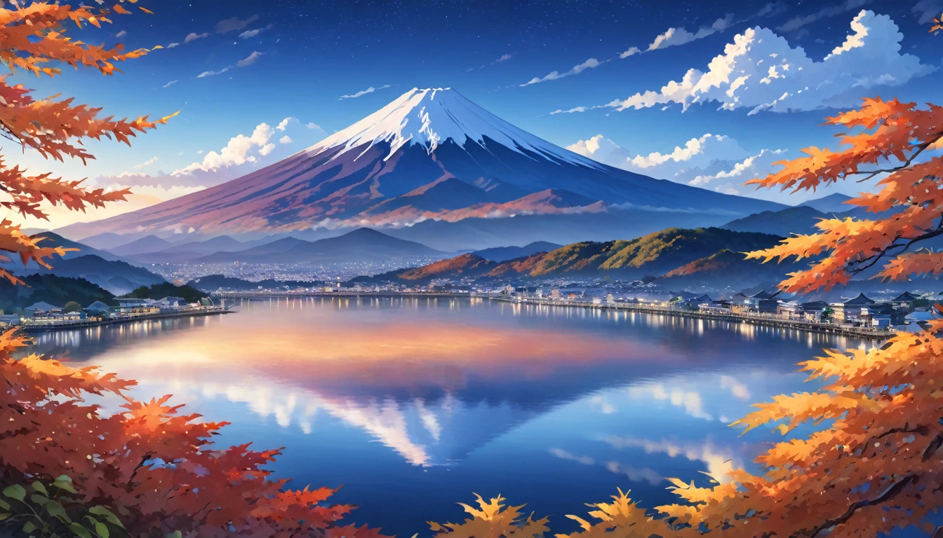 masterpiece, Highest quality, Highly detailed illustration,scenery, Landscape View,night,Japan,Fuji Mountain,Fuji Mountain,The lake and the town spread out at the foot of the mountain,autumn,autumn leaves,Rounded clouds, Realistic