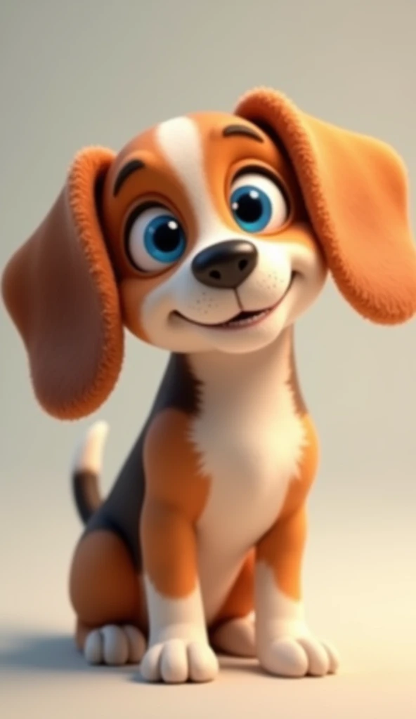 Cute brown dog, beagle、Looking at this、With lop-eared, 3D Pixar Style, Blue Eyes、It would be even better if it could recognize faces.、A little clever
