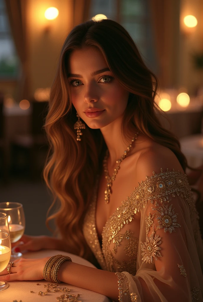 A beautiful lady Close hair, green eyes ,white face , wearing a beautiful frock bangles in hand and sitting in restaurant  with her husband for date