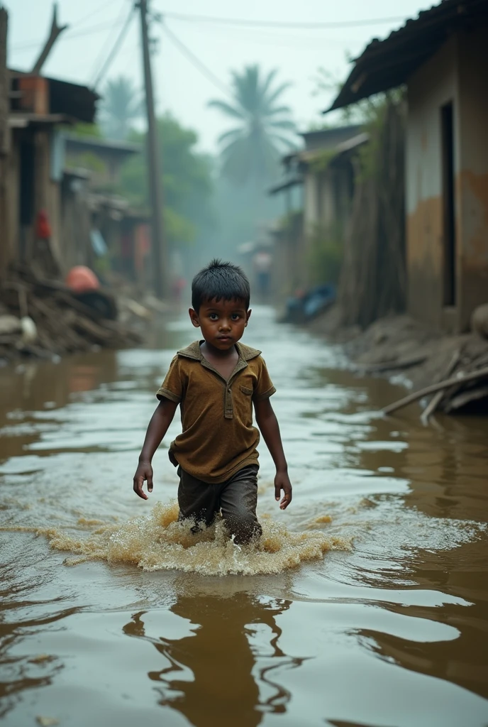 A bangledeshi child in  flood. In village .