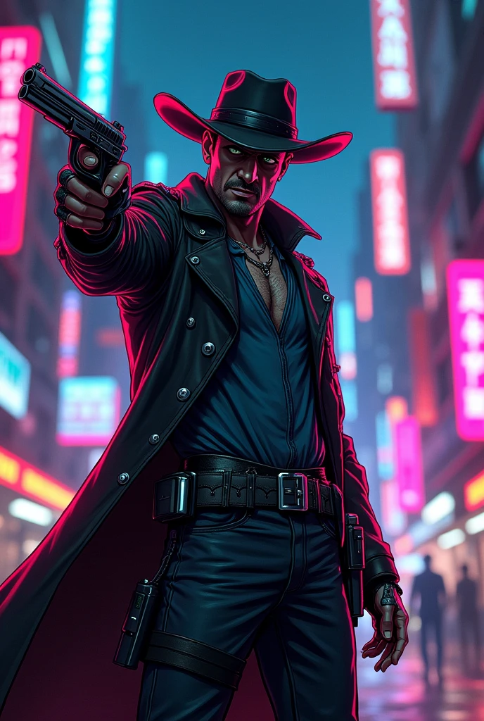 (anime style hand drawing), cyberpunk cowboy pointing a gun in front
(pistol),
neon ligths