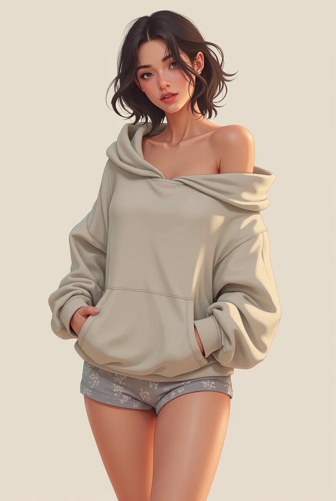 Woman wearing boxer shorts (higher than 3 inches above the knee) and hoodie