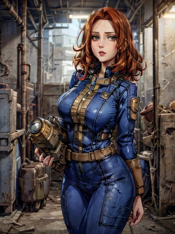 a girl walking out of a vault, dark blue and yellow jumpsuit, pip-boy 3000, long red hair, round breasts, cleavage, fallout, post-apocalyptic, detailed face, beautiful detailed eyes, beautiful detailed lips, extremely detailed eyes and face, longeyelashes, photorealistic, 8k, highres, masterpiece, ultra-detailed, realistic, vivid colors, studio lighting, physically-based rendering, professional