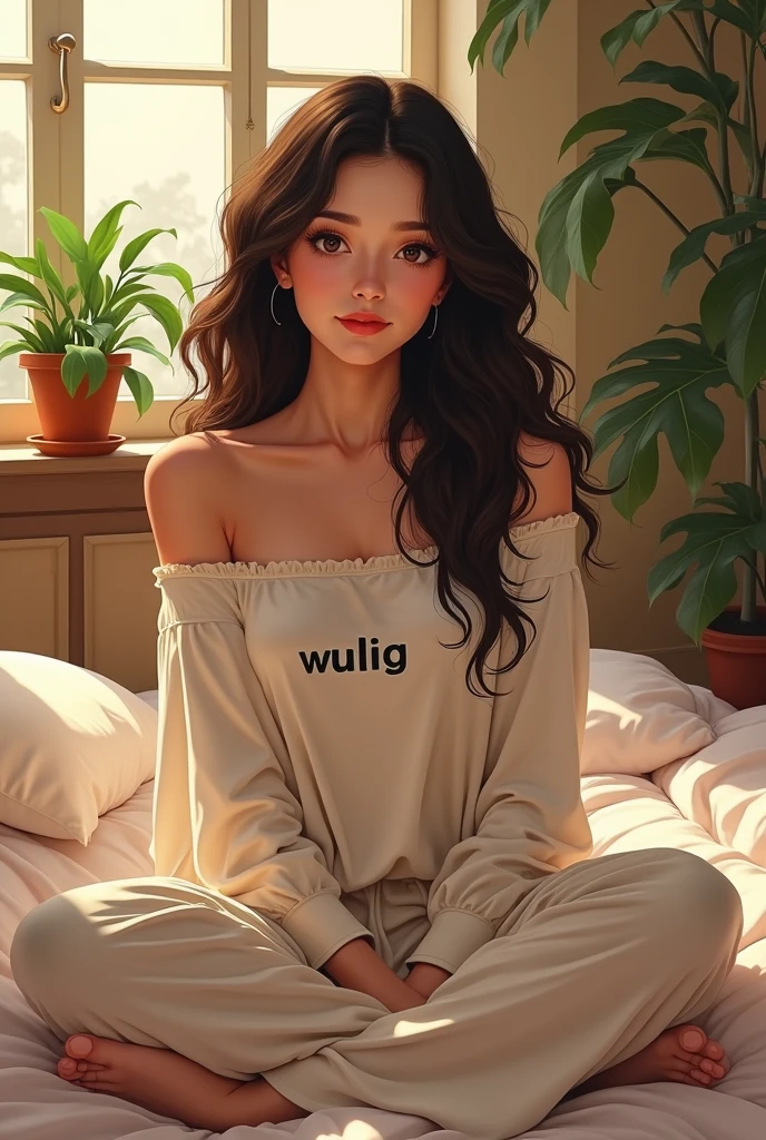 (photorealism:1.2), beautiful woman, sitting on bed, wearing loose off-shoulder top with "wuling" logo, pajama pants, long curly hair, indoors, soft lighting, plants in background, window with sunlight, cozy room, relaxed pose, realistic, intricate details, warm colors, by Greg Rutkowski, by Alphonse Mucha