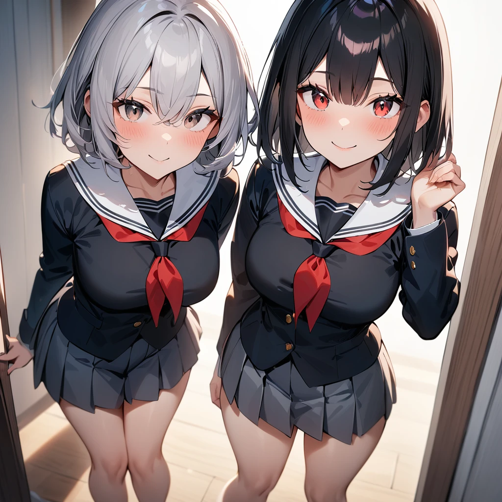 (2girls),adult,smile,school_uniform,White sailor,bareLegs,feet,medium hair.black hair,gray hair,black eyes,red eyes,medium_breasts,breasts,masterpiece, best quality, very aesthetic, absurdres,front View,(straight-on),side by side,light,dynamic angles,(masterpiece, best quality, very aesthetic, absurdres