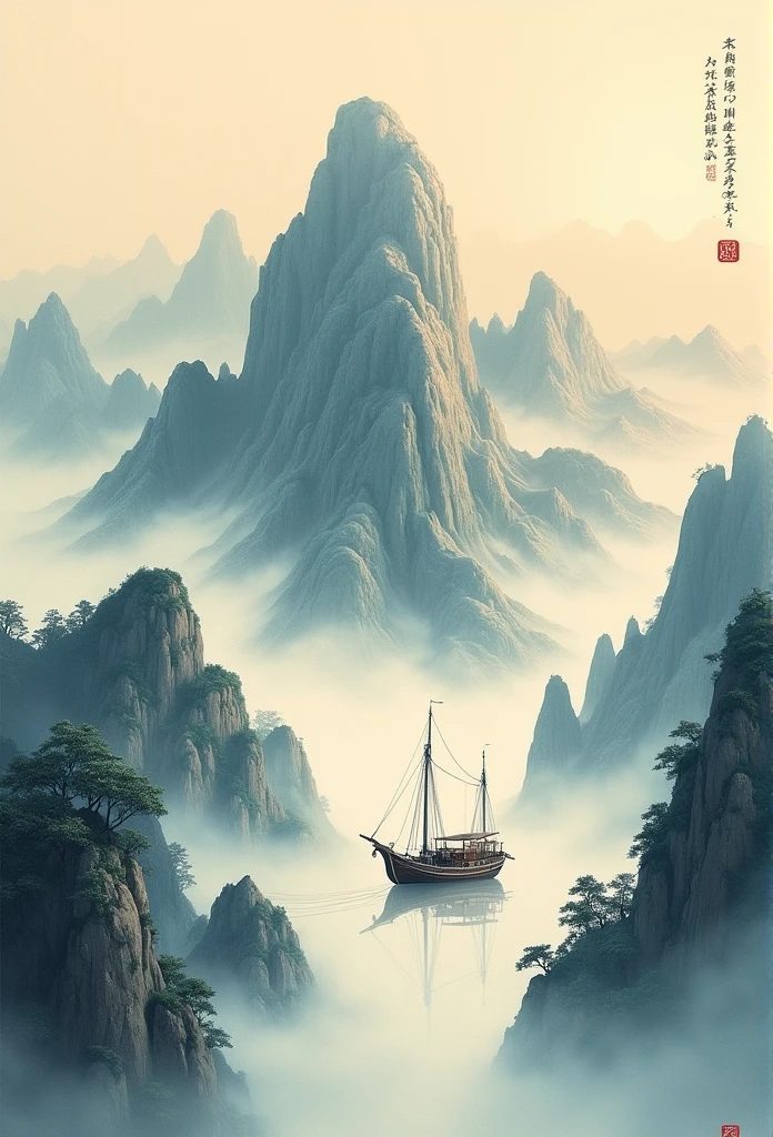best quality, Extremely fine details, high resolution, masterpiece:1.2, Soak up the beautiful scenery, Impeccable brushwork, Impressive ink, Use a wide-angle view, Breathtaking mountain views, Deep and majestic atmosphere, Beautifully depicted ship crossing the mountains, A detailed description of the vessel and its surroundings, Traditional Chinese Art, Expressing the tranquility of nature, Slight changes in pitch, Pastel color palette, Gentle and warm atmosphere, Participate in famous exhibitions - Chinese ink landscape painting,Stunning composition,Emotional Depth,Capturing the tranquility of the mountains. Very detailed texture strokes and tonal variations, Revealing the complexity of the ship and the beauty of the surrounding landscape. Traditional Chinese Art styles create a peaceful and harmonious atmosphere,Immerse audiences in natural wonders. 这件masterpiece品质极高, 具有超精细细节和high resolution图像, Make it something impressive、Stunning works of art,Perfectly captures the essence of Chinese ink landscape painting.