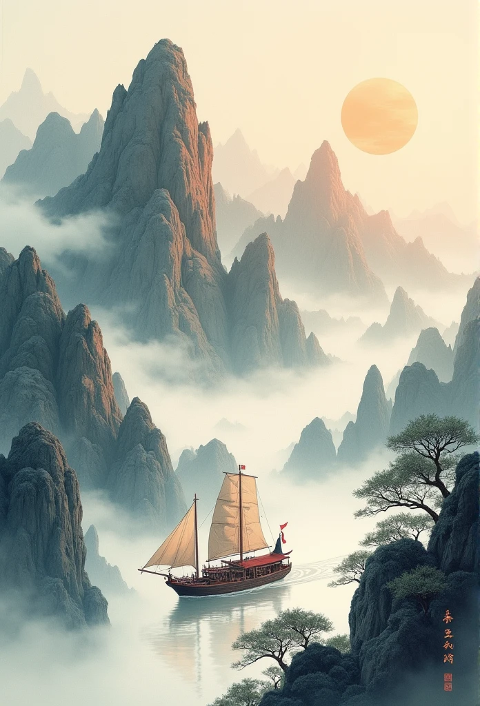 best quality, Extremely fine details, high resolution, masterpiece:1.2, Soak up the beautiful scenery, Impeccable brushwork, Impressive ink, Use a wide-angle view, Breathtaking mountain views, Deep and majestic atmosphere, Beautifully depicted ship crossing the mountains, A detailed description of the vessel and its surroundings, Traditional Chinese Art, Expressing the tranquility of nature, Slight changes in pitch, Pastel color palette, Gentle and warm atmosphere, Participate in famous exhibitions - Chinese ink landscape painting,Stunning composition,Emotional Depth,Capturing the tranquility of the mountains. Very detailed texture strokes and tonal variations, Revealing the complexity of the ship and the beauty of the surrounding landscape. Traditional Chinese Art styles create a peaceful and harmonious atmosphere,Immerse audiences in natural wonders. 这件masterpiece品质极高, 具有超精细细节和high resolution图像, Make it something impressive、Stunning works of art,Perfectly captures the essence of Chinese ink landscape painting.