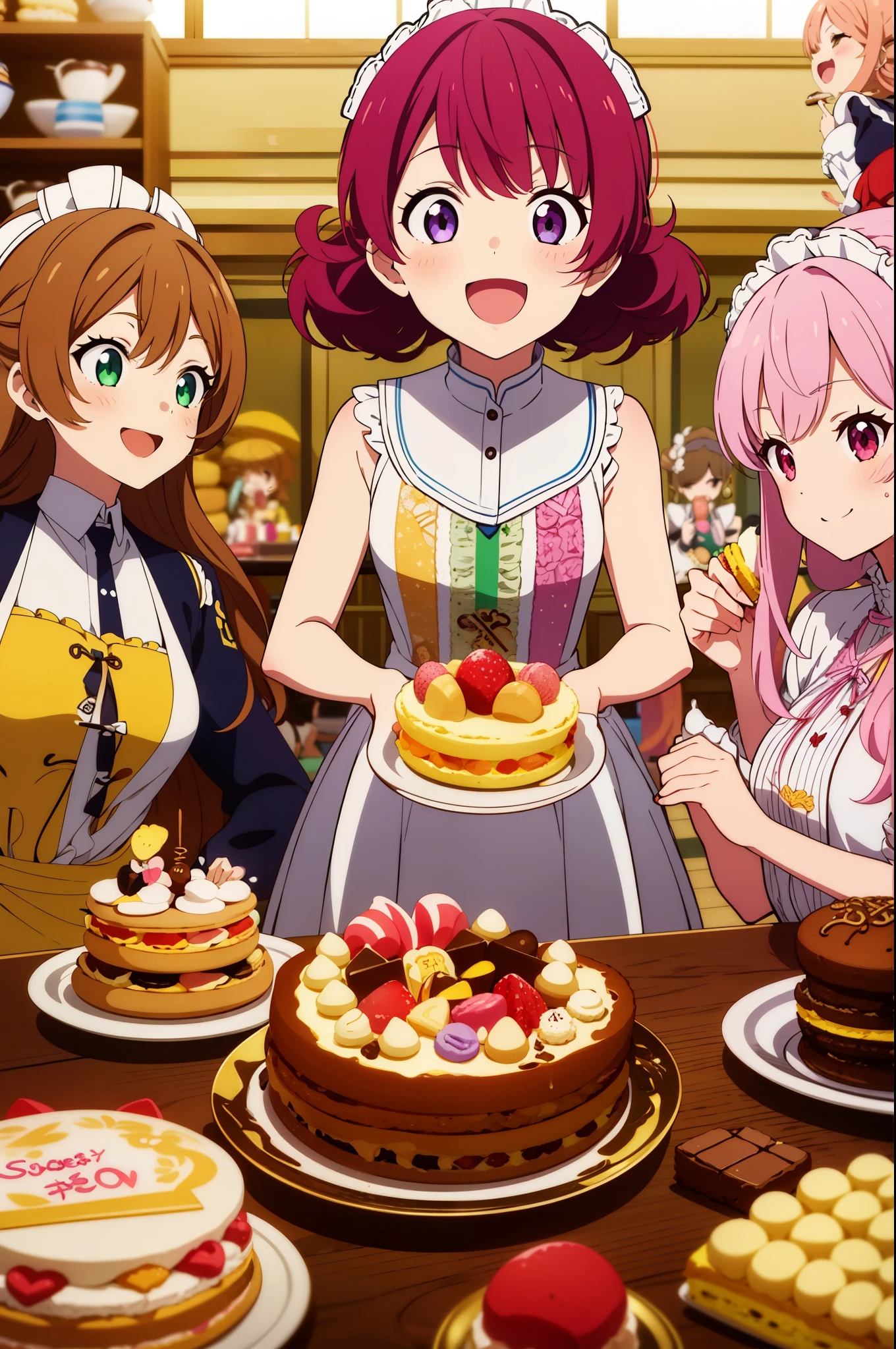 (4+ girls), multiple colored hairs, sweet maids, random cute faces, super happy smiling, open mouth, group shot, zoom camera, sweet tea , lots of cakes, macarons, chocolates, parfaits, cookies, land of sweets
, anime_coloring,anime_keyvisual, colorful,vivid