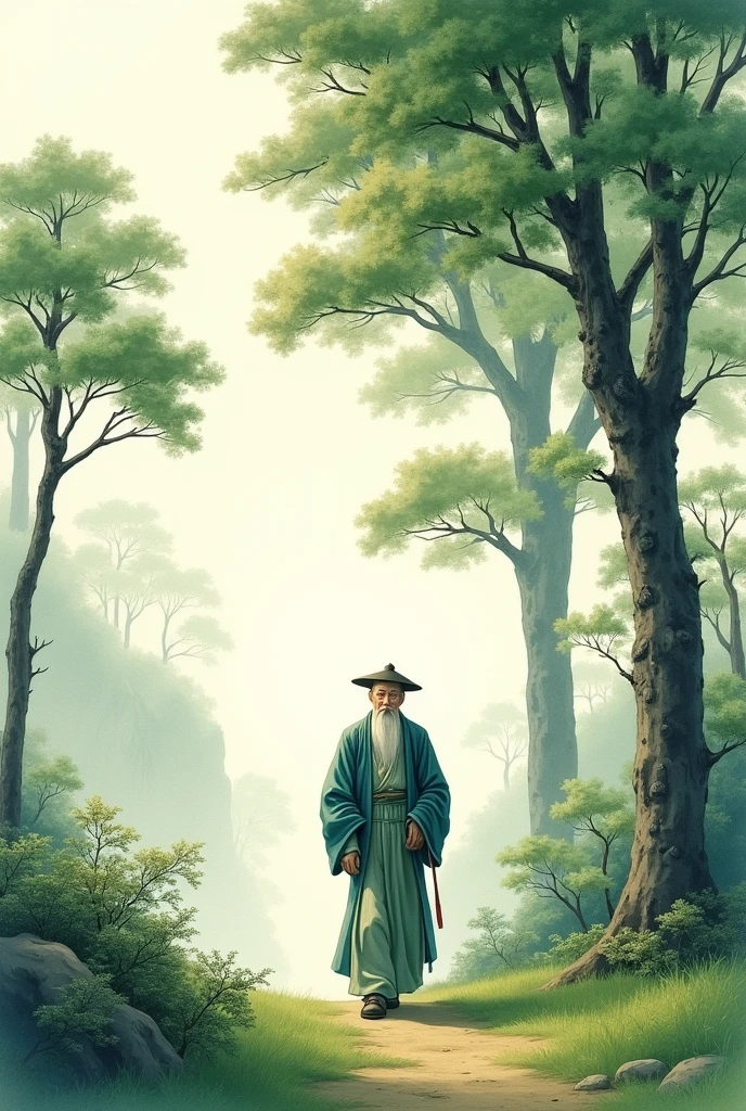 A Chinese painting depicts an ancient man walking on the grass, with many large green trees . The background is composed of green plants, creating a harmonious color scheme. It features a watercolor style and brushstrokes, creating a minimalist composition in the style of a Chinese artist.