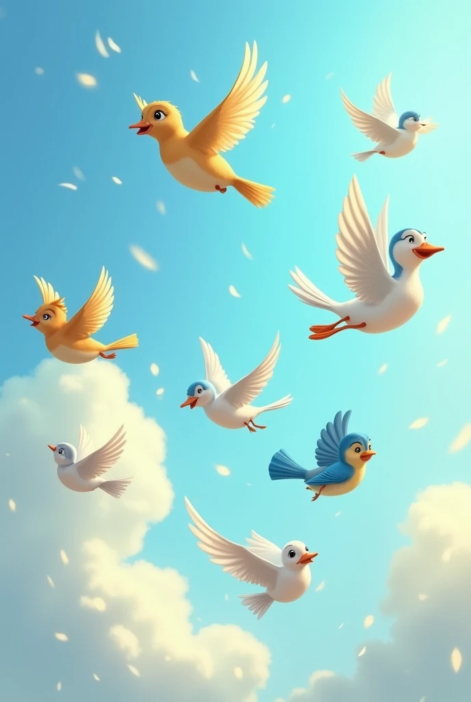 disney’s birds flying in the sunny sky