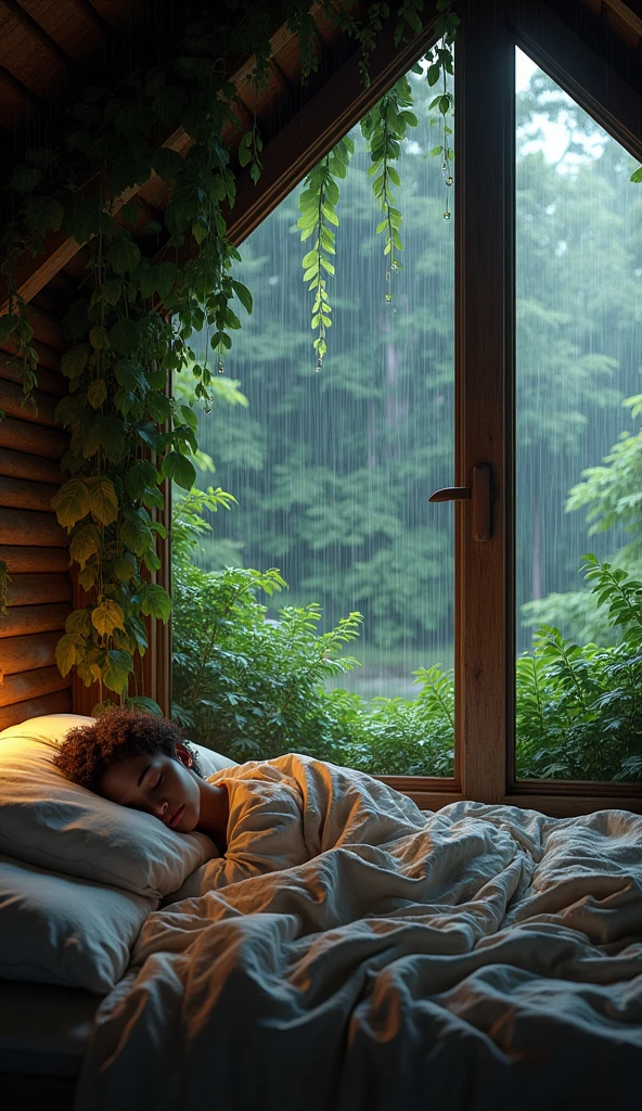 A snug bedroom nestled among towering trees, with heavy rain dripping from leaves onto the roof. The sound of the rain pouring outside and the earthy scent of the forest offer an immersive, calming atmosphere for a hard nap.