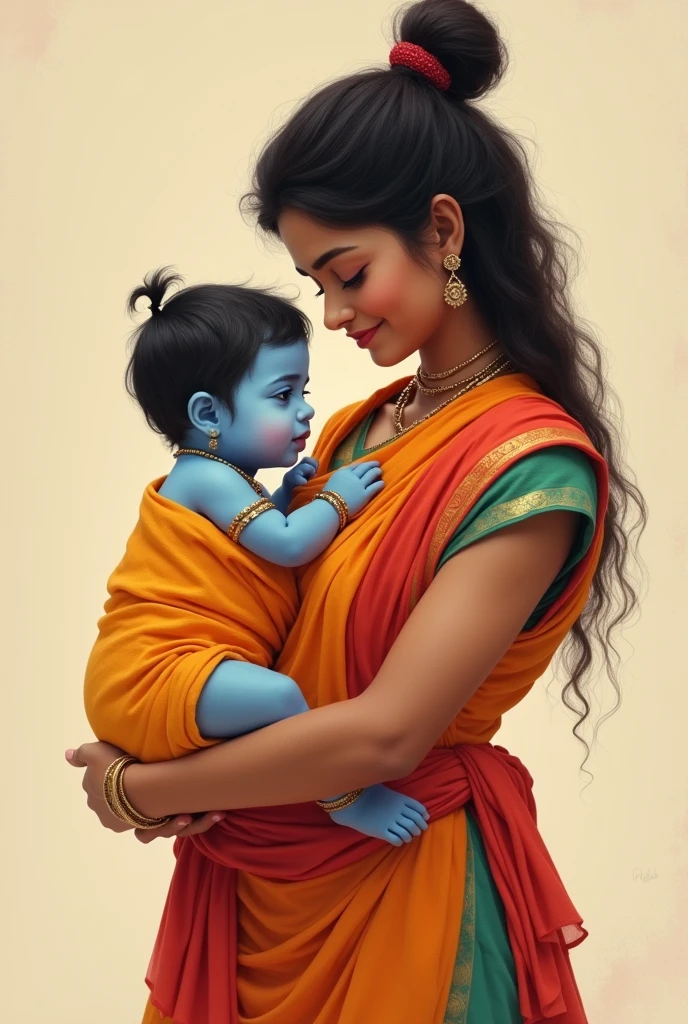 Little krishna in baby carrier with mom yashoda solid colour baby carrier 
