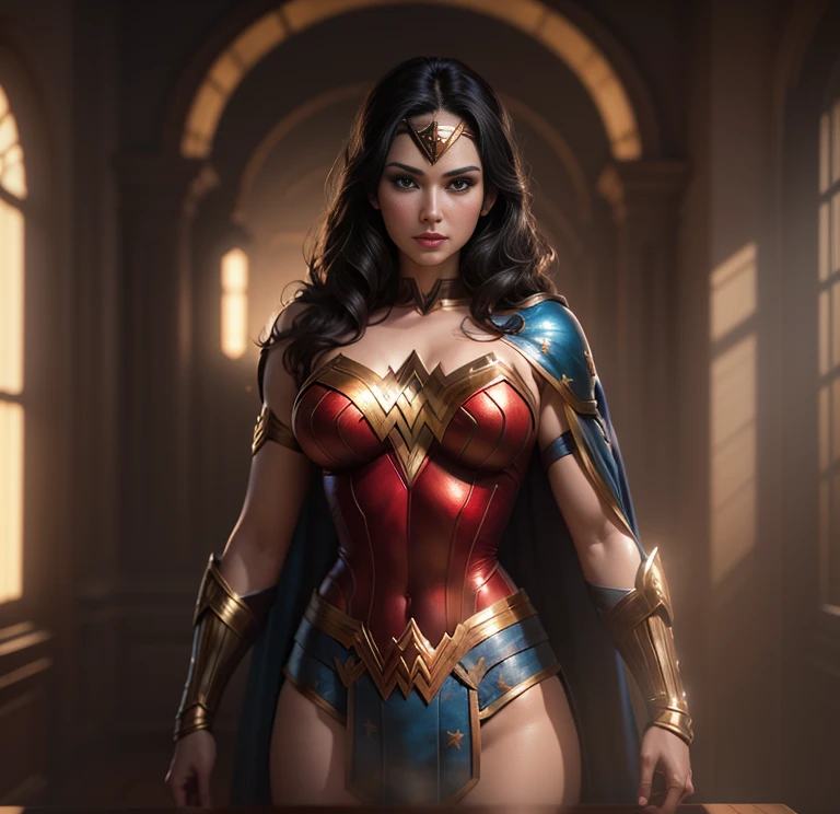 wonder woman (huge breasts) From DC Comics, modelshoot style, realistic, masterpiece, absurd, best quality, HDR, high quality, highest resolution, elegant, very detailed, Beautiful, digital painting, artstation, by artgerm, by Liang Xing, by WLOP, sharp focus, 8k, intricate details, sharp lighting, movie lights, natural light, hard light, backlight, global illumination, Environmental occlusion, Environmental luxury bedroom,