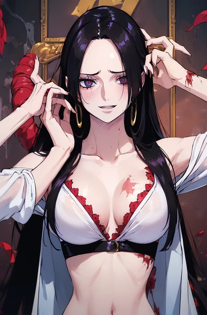 best quality, masterpiece, highly detailed,1girl, ((blood)), (vine), cage, bandage, red rope, (detail light), falling blood petals, Boa Hancock, , (masterpiece:1.5), Detailed Photo, Smiling, Sexy, (8K, Best Quality: 1.4), (1girl), Beautiful Face, (anime realistic Face), (Black Hair, long Hair: 1.3), Beautiful Hairstyle, Realistic eyes, beautiful detail eyes, (white skin), beautiful skin, absurd, attractive, ultra high resolution, ultra realistic, high definition, golden ratio, (sexually aroused:1.5), Pinkish white skin, cool white light, sexy pose, Beautiful , white background, pink soft white light, Wear a white dress, sexy, black lace bra, (zombie girl:1.4), (breeding:1.6), (cute dead girl:1.5), (deadly eyes:1.8), (Eyes without sparkle1.7), pale skin, dead body, no life, (lifeless:1.5), (Wounds on the body:1.6), (dribbling:1.5), (red blood on body:1.3), (Bruise on the body:1.4), (Torn skin:1.5), (Exposed bones:1.5), (Tattered clothes:1.5), (rotting flesh:1.5) (blood vessel:1.5)