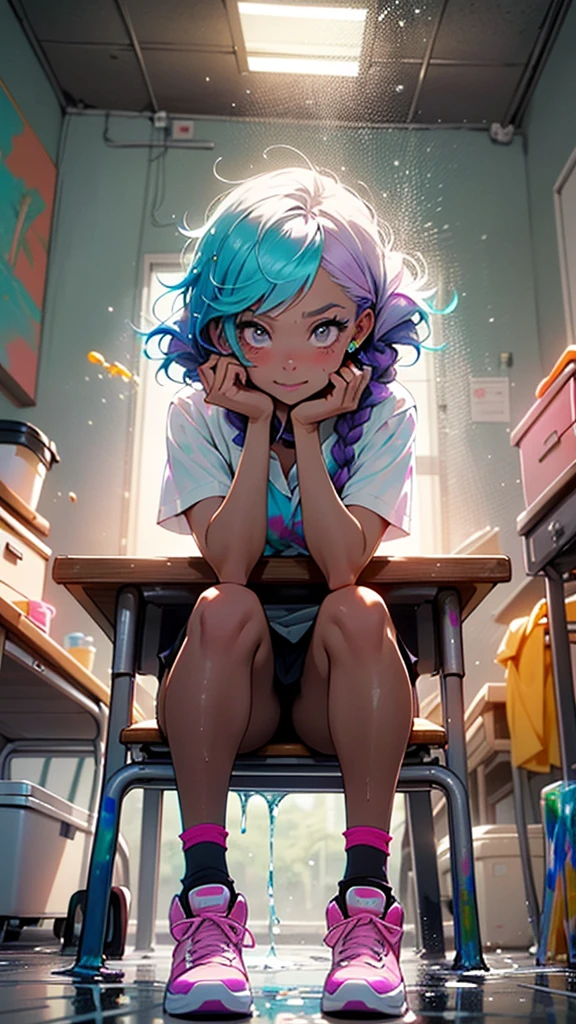 1girl, masterpiece,best quality,depth of field,1girl,smile,pointy hair,独奏,shirt,bow,white shirt,school uniform,short sleeves,no panties,lifted by self,clothes lift,sitting,from behind,clisroom,school chair,school desk,((masterpiece))),Highest quality, Adult women, , ((:1.3)), お洒落なClothes, blush, anger, anger eye, Biting your lip, Glaring at me, Spread your legs, (((transparent String))), socks, (((transparent String))), ((extremely thin transparent String)), see-through String, stuffed toy,Our room, It was scary, The shadow of a man above her, ((wet String)), Clothes, Pink character t-shirt, ((Wet T-shirt)), (((Wet Skin))), ((From the back)),(((String))), (((Underbust))), ((((liquid paint hair:1.1)))) ,((((neon Purple Hair | Neon pink hair | Neon blue hair | Neon Aqua Hair | Purple Hair | Fuchsia colored hair | Fluorescent blue hair | Amethyst Hair | Neon Hair | Bright pink hair :1.5)))), ((((Made with paint、Defying Gravity,A thick current)))),((((Paint splashes:1.3,Shiny Hair: 1.3)))),(((transparent Clothes))),(((Long braids of liquid paint))),Glamorous Body,Plump thighs,Realistic Flesh,Backlight,Shiny Hair,is,