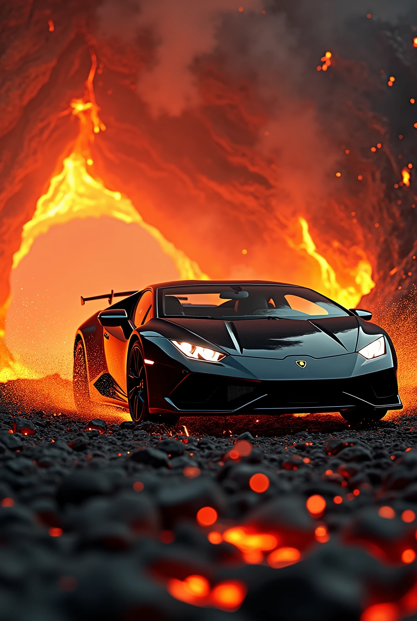 A jaw-dropping, cinematic photo of a metallic black Lamborghini huracan performante speeding at high-speed down the mouth of an active volcano. The car's sleek design contrasts with the fiery, smoky surroundings. The atmosphere is intense and dangerous, with magma flowing and sparks flying. The background reveals the immense scale of the volcano, and a sense of adrenaline and excitement fills the scene., photo, cinematic