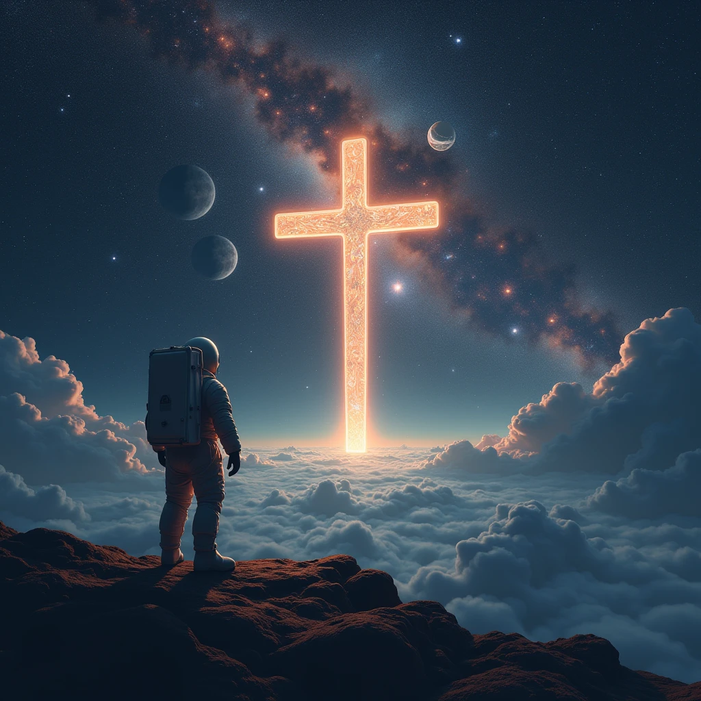 A cross, in outer space, constellations, stars , planets , an astronaut