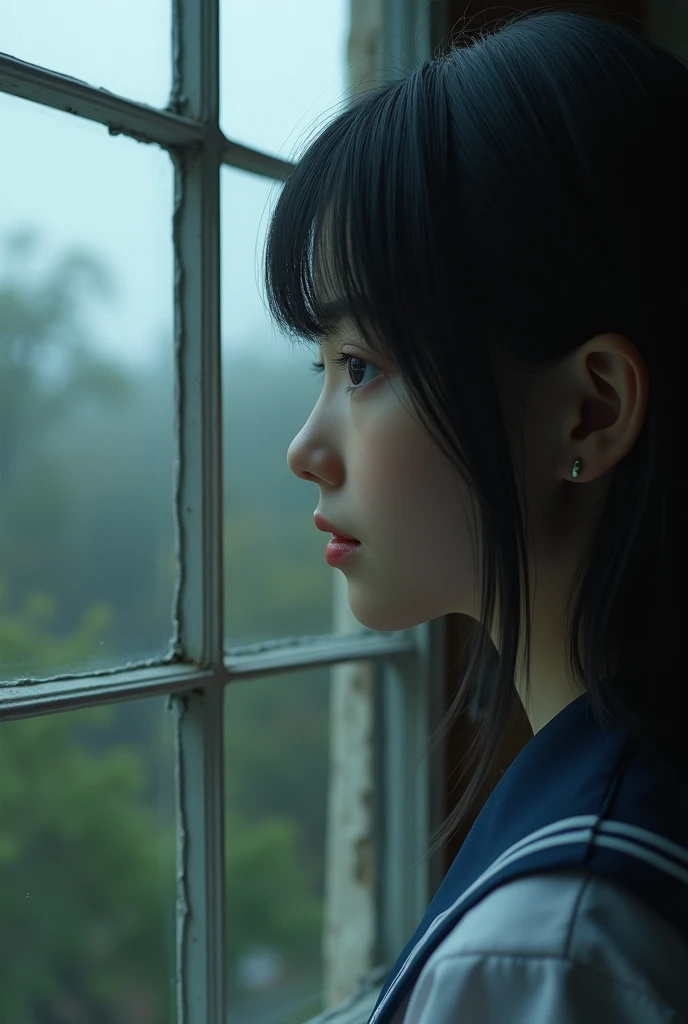 intricate detailed landscape, 1girl,school uniform, beautiful detailed eyes, beautiful detailed lips, extremely detailed face, long eyelashes, looking through window, voyeur perspective, soft lighting, cinematic, muted color palette, atmospheric, (best quality,8k,highres,masterpiece:1.2),ultra-detailed,(realistic,photorealistic,photo-realistic:1.37),cinematic lighting,dramatic lighting