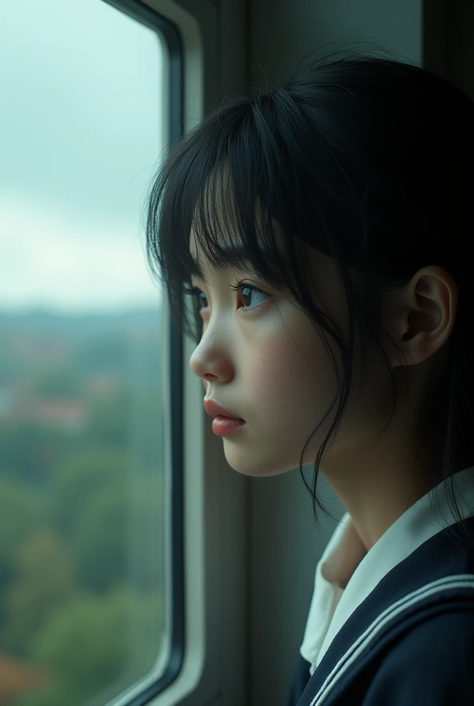 intricate detailed landscape, 1girl,school uniform, beautiful detailed eyes, beautiful detailed lips, extremely detailed face, long eyelashes, looking through window, voyeur perspective, soft lighting, cinematic, muted color palette, atmospheric, (best quality,8k,highres,masterpiece:1.2),ultra-detailed,(realistic,photorealistic,photo-realistic:1.37),cinematic lighting,dramatic lighting