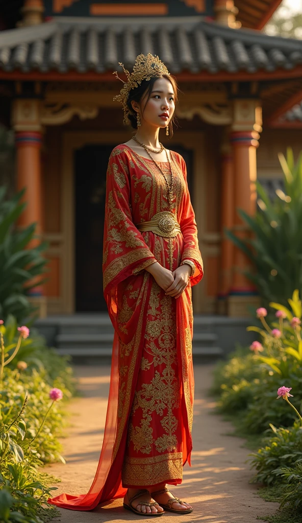 A 20-year-old Minang woman, radiantly beautiful, dressed in traditional Minang attire, complete with ornate Minang sandals. She stands in front of a majestic Minang traditional house, its architectural details illuminated by bright lighting that brings out the richness of the cultural design. Her poised stance and serene expression reflect the grace and strength of Minang women, while the scene is brought to life with realistic details in her clothing, the surrounding greenery, and the historical architecture. Hyper-realistic, cinematic, dramatic, highly detailed, 8K, ultra-sharp, UHD.