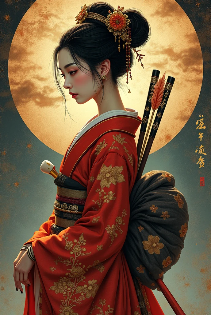 (Ultra-detailed face, looking away, Fantasy Illustration with Gothic, Ukiyo-e, Comic Art, Rich colors), BREAK (Japanese courtesan of the Heian period (794-1185), wearing a black eboshi (headgear), a pair of bracelets over the ears, a vermilion-embroidered robe with a hem of a gesho (undergarment) reaching from the waist to the ground, a hanabuto (half arm) visible under the collar, a belt with a hirago (a flat cord) around the waist, a ceremonial sword with an inlay on the belt, an arrow barrel on his back, an arrow in the barrel, a bow about his height, and a white thimble with a white thong and black leather shoes. He wears white thimble and black leather shoes.)