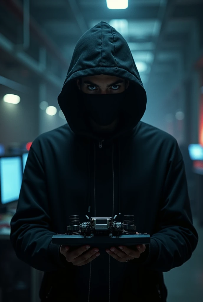 hacker with a black piece of paper in dark clothes