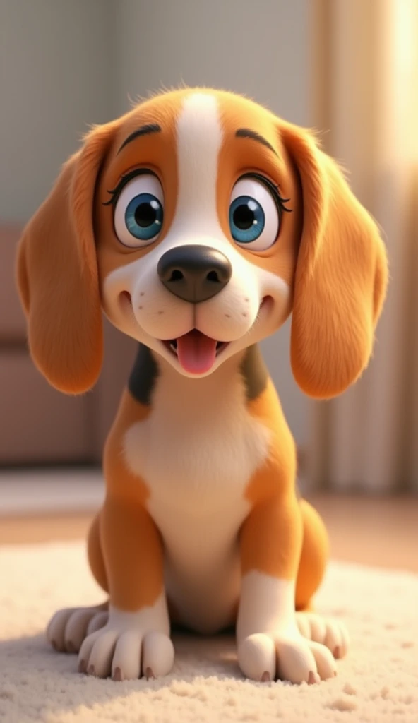 Cute brown dog, beagle、Looking at this、With lop-eared, 3D Pixar Style, Blue Eyes、It would be even better if it could recognize faces.、A little clever
