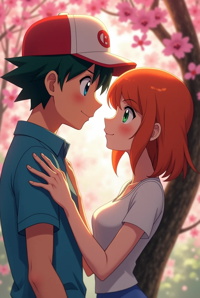 High quality, masterpiece,High resolution,8K,Detailed anatomy
Ash Ketchum acorrala a Misty (Berry Short,Orange Hair,one side up hair,Big green eyes,Small breasts,Skinny) contra un árbol de cerezo (su brazo la impide salir) mirándose a los ojos , romántica tensión , eyes contact , shy girl,
