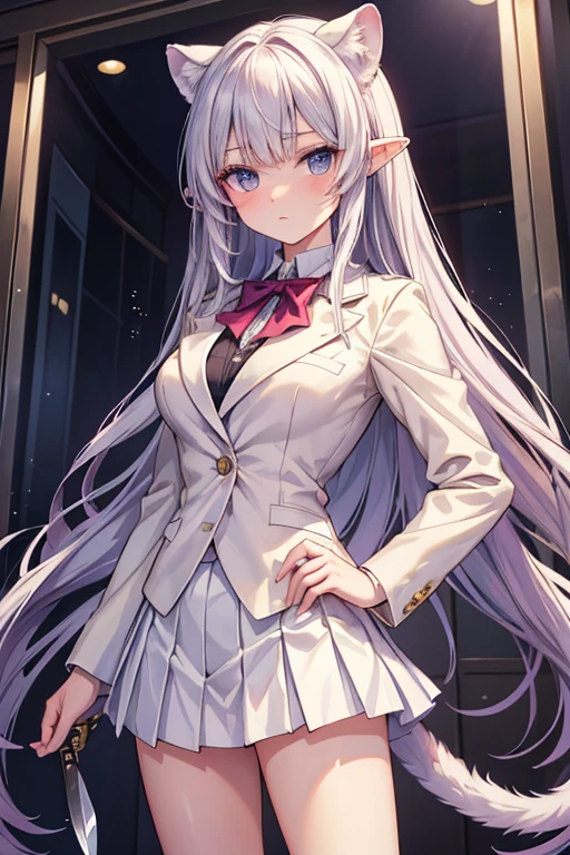 (masterpiece,best quality,ultra-detailed), an anime girl who is an aloof and emotionless noble young lady. She has ice white him cut style long hair, plum tsurime, white lioness ears and tail, wearing business coat and knife-shaped pleated skirt, standing in crossing arms pose, looking at the viewer, without expression