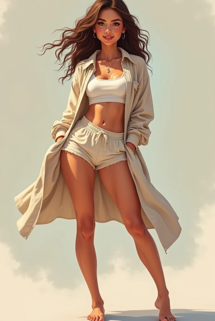 Woman wearing boxer shorts (higher than 3 inches above the knee) and oversized shirt