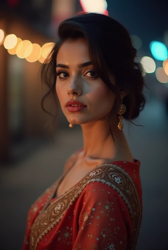 full body naked,big , night bokeh effect background, perfect pink eyes, fantastic face, Indian, beautiful look, ((red lips, bright eyes, curve heir 1.5)), ((beautiful details body)), A glorious gorgeous, glorious gorgeous face, pretty face, bright eyes, detailed elegant printed shirt, updo elegant hair, blurred gray tones background, ultra focus, face ilumined, face detailed, 8k resolution, painted, dry brush, brush strokes,