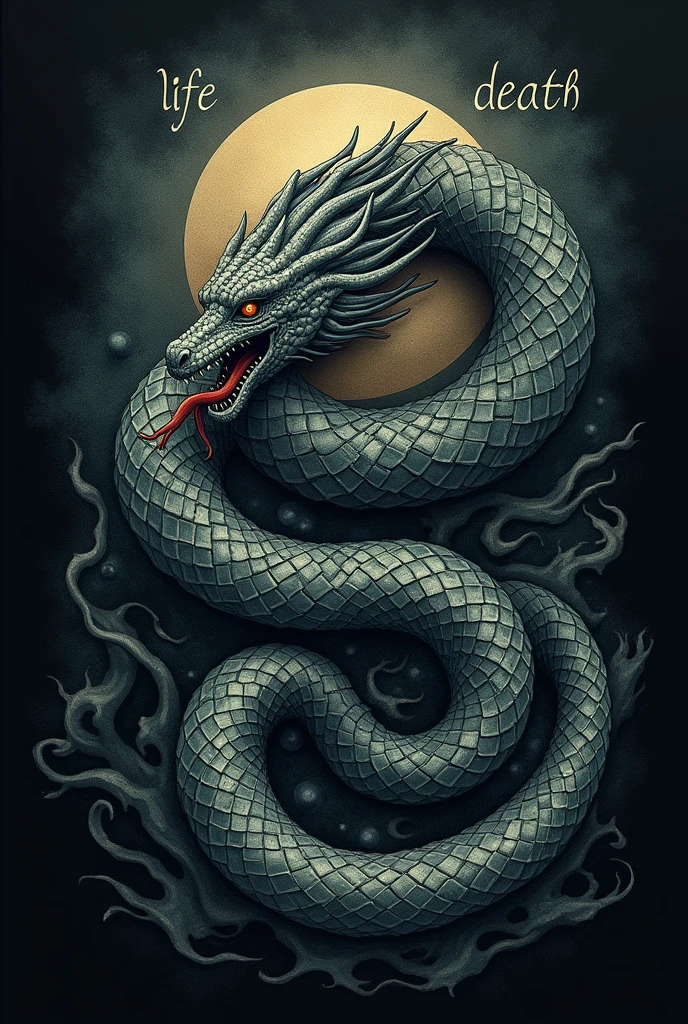 Create an image like a tattoo of an aouroborus that would be a circle with the word "life" on top and "death" in the lower part, I want it to be in color and a spooky design