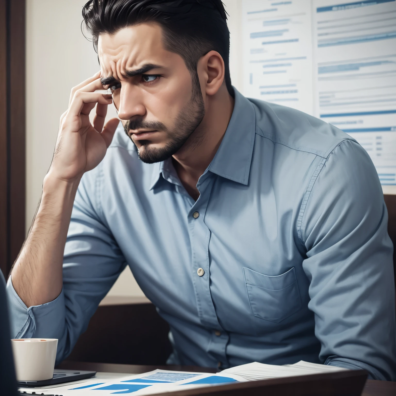 Sad man worried about many debts looking ahead and holding bills 