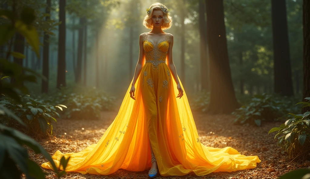 The forest witch uses magic to transform Aila's old dress into a bright golden evening gown.,Cinderella,Cinderella,Yandere,Blonde,Retro Hairstyle,Diamond Hair Accessories,Blue shoes,Crystal slippers