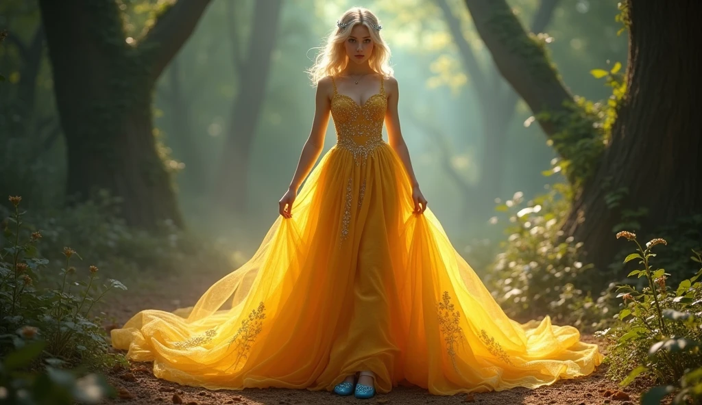The forest witch uses magic to transform Aila&#39;s old dress into a bright golden evening gown.,Cinderella，Cinderella，Yandere，Blonde，Retro Hairstyle，Diamond Hair Accessories，Blue shoes，Crystal slippers