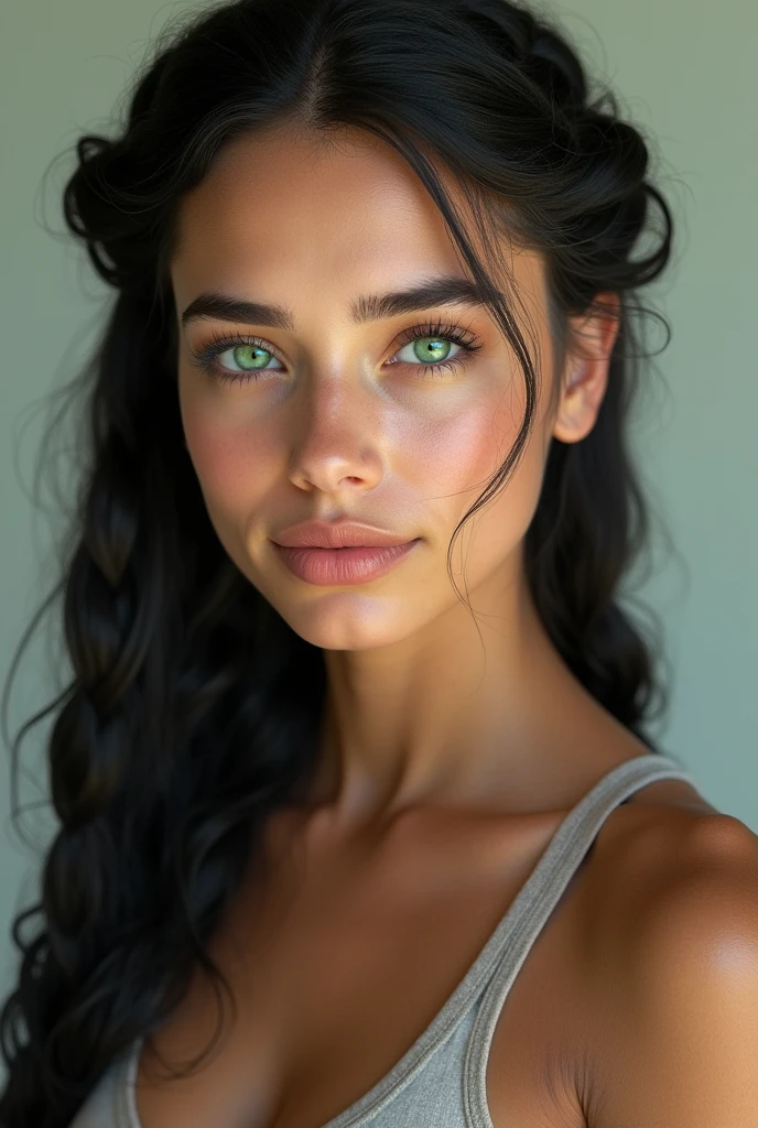 (photorealism:1.2), young woman, White skin, European long black hair braided, high, slightly muscular, heart shaped face full lips and slightly long nose emerald green eyes naked