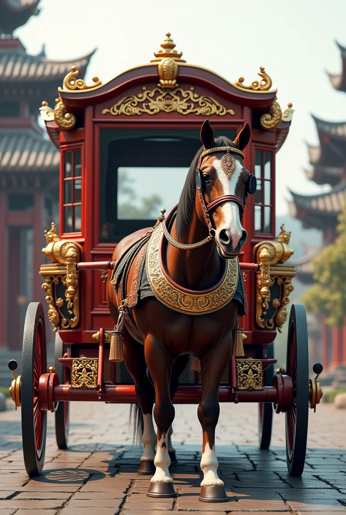 Chinese style horse carriage, front view, clear view of passenger compartment, have horse but don’t have human 