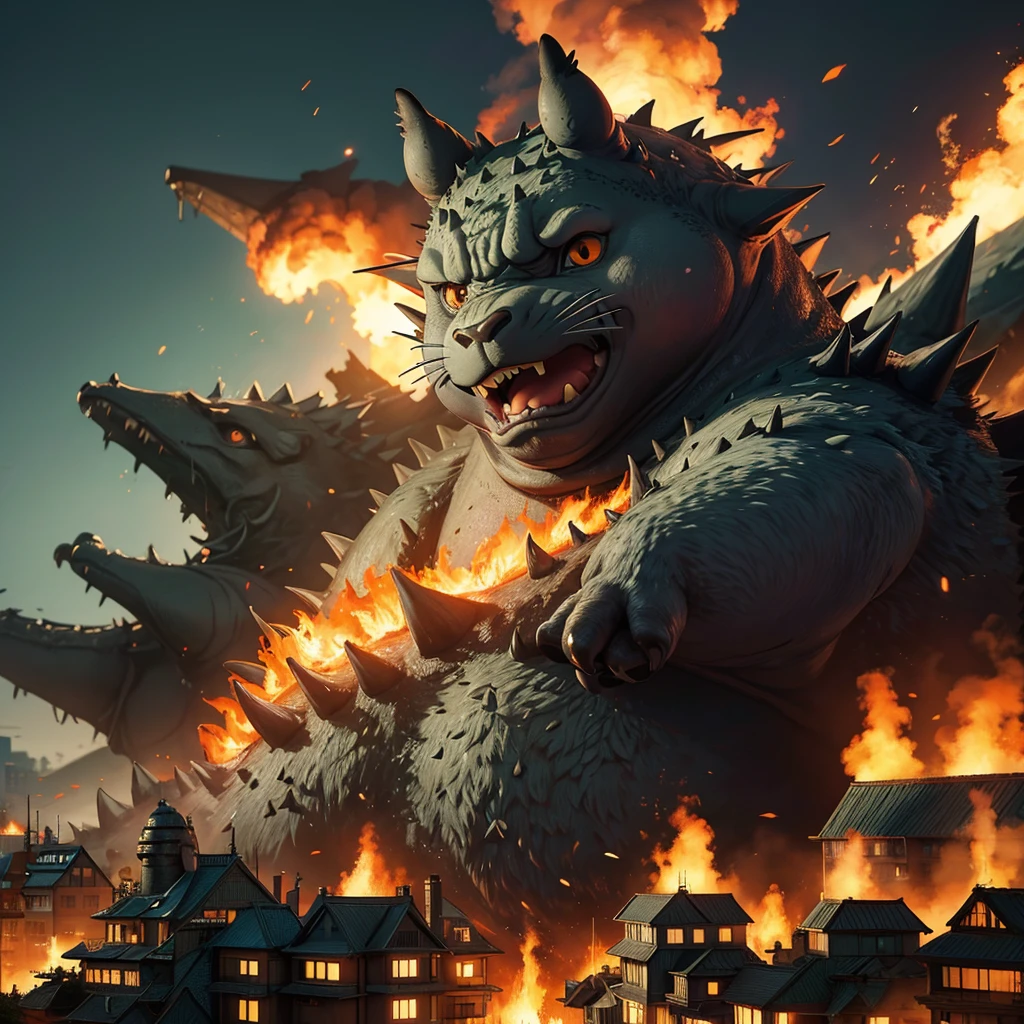 Totoro from Studio Ghibli if facing Godzilla in a city on fire. Anime style, Studio Ghibli style.
(masterpiece:1.2), (best quality:1.2), (very aesthetic:1.2), (absurdres:1.2), (detailed background), newest, ai-generated, Wallpaper, (((realistic, photorealistic)))