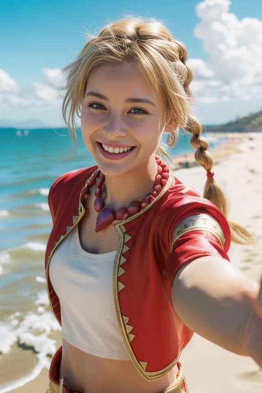 (masterpiece, Highest quality, High resolution, Absurd, Very detailed:1.2), One person, Blonde Twist Ponytail, necklace, Red Crop Jacket,Reaching out a hand、laughing (noon ,Ocean, Sandy Beach:1.3) child (Chrono Cross)